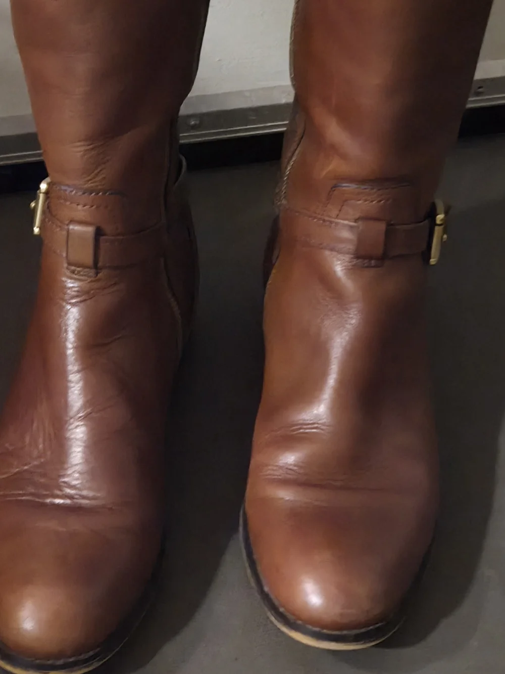Coach 'Micha Chestnut Brown Leather Tall Riding Boots w/ Crossed Buckle Straps